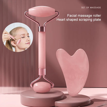 PinkJade Roller for Face  with heart-shaped scraping plate on a pink background
