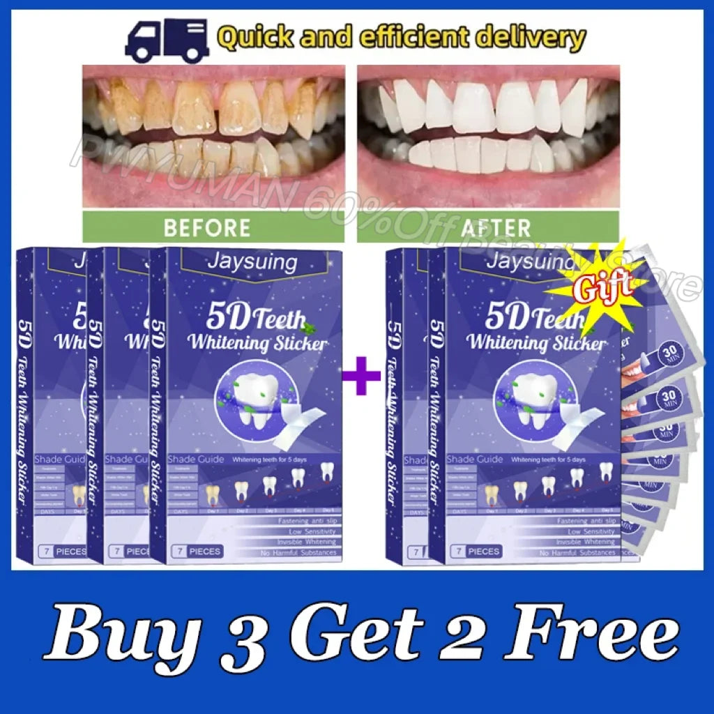 Promotional image Jaysuing 5D Teeth Whitening Kit  Sticker packaging with before and after effects on a white background