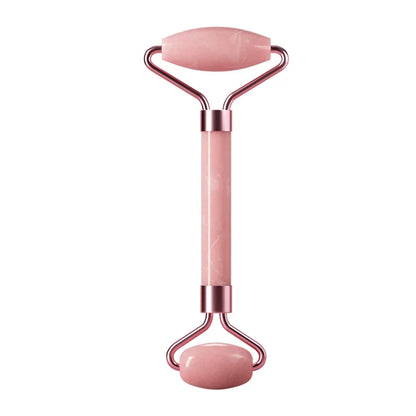 Pink Jade Roller for Face  with rose gold accents on a white background