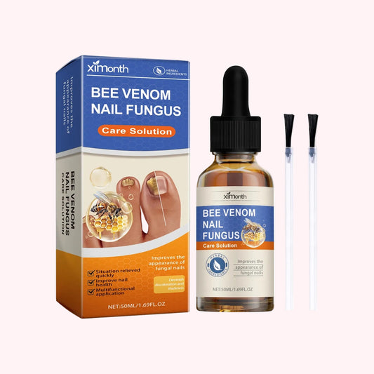 Bee Venom Nail Fungus Care Solution packaging and bottle with dropper on a white background