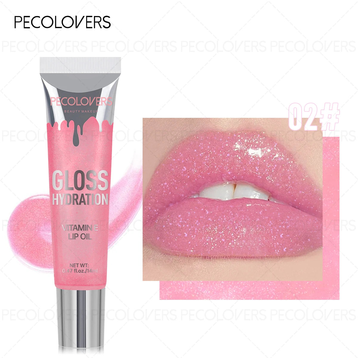 Glitter Lip Gloss tube next to shiny, shimmering lips showcasing radiant sparkle and hydration features.